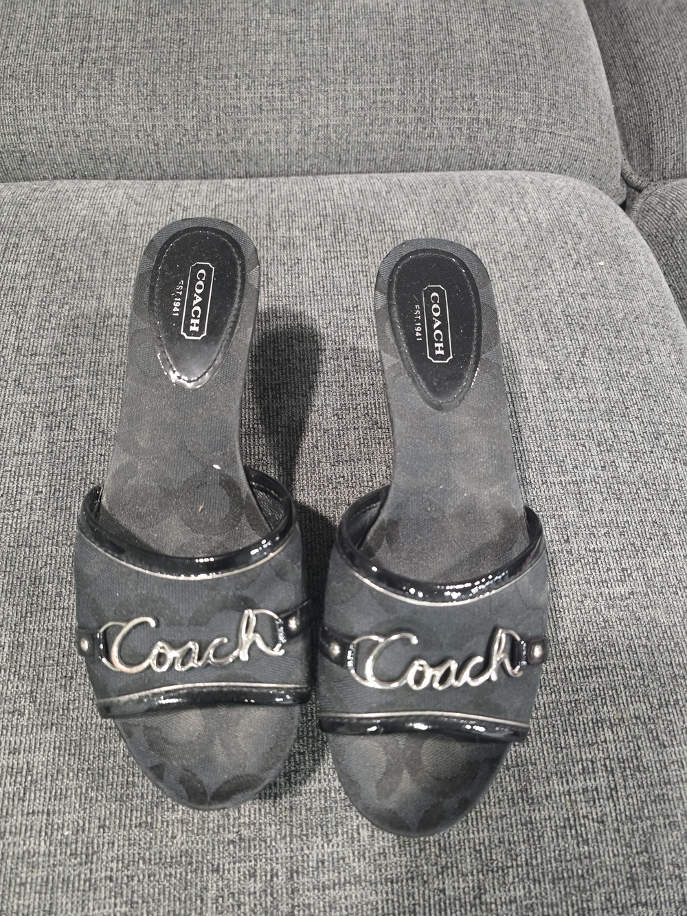 Coach Black Patent-Trim Slide Sandals with Silver Script Logo